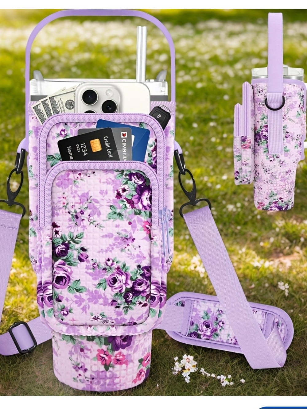 Purple Floral quilted neoprene water bottle crossbody carrier